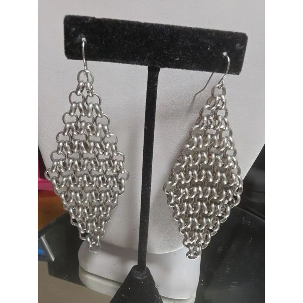 Chain Maille Silver Tone Pierced Earrings